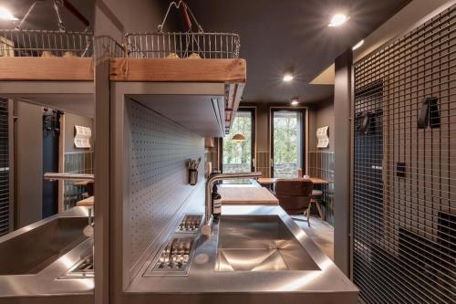 een keuken met een wastafel en een keuken met een ladder bij Schmalshuus Module in Luxemburg