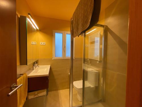 La salle de bains est pourvue d'une douche, de toilettes et d'un lavabo. dans l'établissement Cozy flat in central Madrid with garage, à Madrid