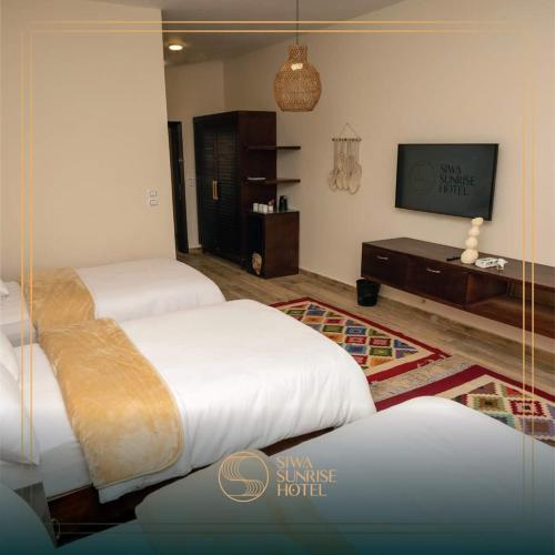 錫瓦的住宿－Siwa Sunrise Hotel，一间带两张床和电视的客厅