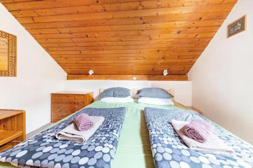 two beds in a room with wooden ceilings at Holiday Home Bela in Bohinjska Bela