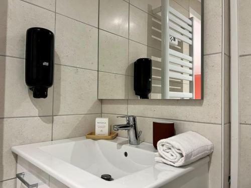 ein Badezimmer mit einem weißen Waschbecken und einem Spiegel in der Unterkunft F2 *La Treille* Centre Historique Clermont FD 3p in Clermont-Ferrand