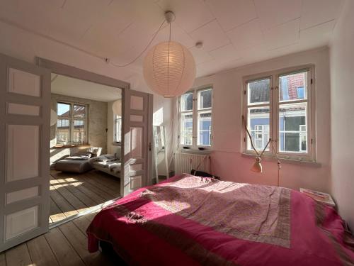斯文堡的住宿－Bylejlighed i det gamle Svendborg，一间设有床铺的卧室,位于带窗户的房间内