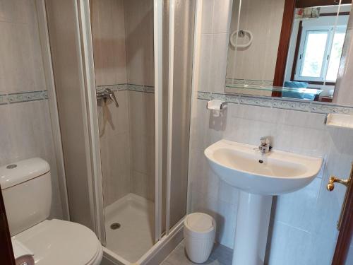 een badkamer met een wastafel, een toilet en een douche bij Apartamento Don Manuel 2 in Cuntis