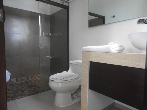 a bathroom with a toilet and a shower and a sink at Quinto Sole by GuruHotel in Mahahual