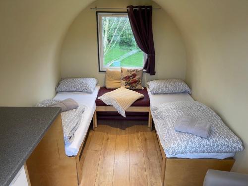 约克Belle Vista Glamping & Camping的一间小房间设有三张床,设有窗户