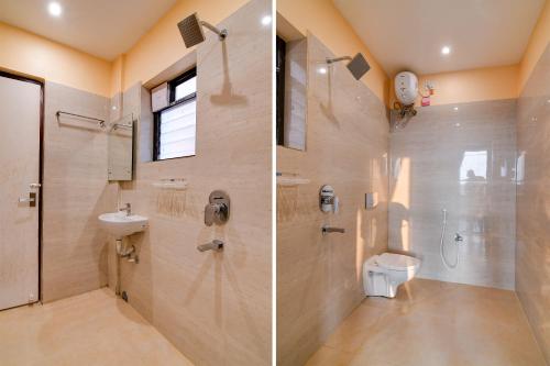 2 fotografias de uma casa de banho com um chuveiro e um WC em Eco Corporate Inn 2 Rajarhat em kolkata