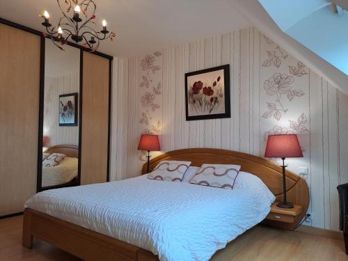 アルデヴォンにあるB&B La Rive - Le Mont Saint Michelのベッドルーム(ベッド1台、大きな鏡付)