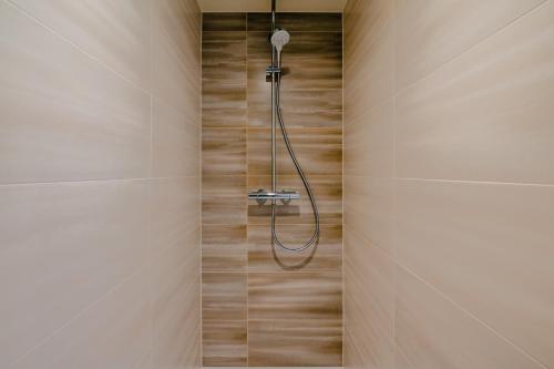 a shower in a bathroom with wooden walls at Résidence Les Charmes in Boofzheim