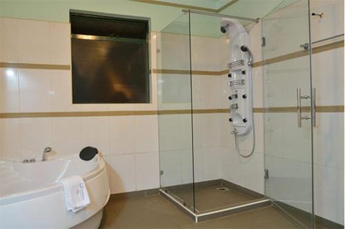 a bathroom with a shower and a sink at Westland's Gardens Suites One in Nairobi