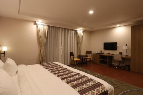Habitación de hotel con cama, escritorio y TV. en Thimphu Deluxe Hotel, en Thimphu