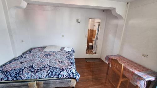 een slaapkamer met een bed en een spiegel bij Casa Yelitza in San Pedro La Laguna