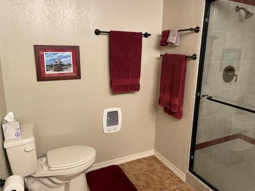 a bathroom with a toilet and a shower with red towels at The Lair at Crimson House in Pullman