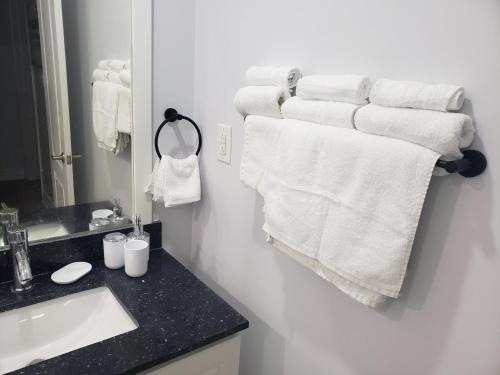 a bathroom with a sink and towels on a wall at Luxurious Apt 2BRs-1BA Spacious Modern, with free parking in Brampton
