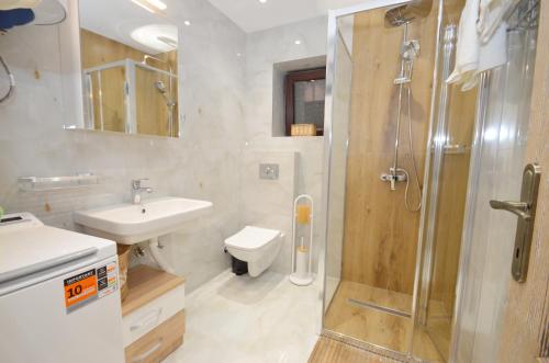een badkamer met een douche, een toilet en een wastafel bij DC Apartment C in Kotor
