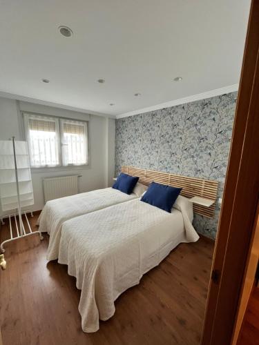 1 dormitorio con 2 camas y almohadas azules en Apartamento Fana, en Cangas de Onís