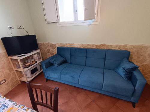 ein Wohnzimmer mit einem blauen Sofa und einem TV in der Unterkunft Abbentu in Zafferana Etnea