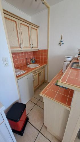 une petite cuisine avec évier et valise rouge dans l'établissement PLEINE MER - Studio Vue mer à 30m de la plage, à Saint-Jean-de-Monts