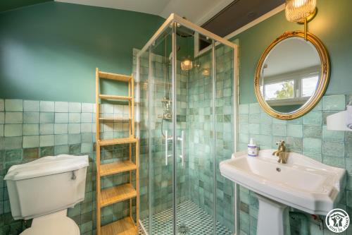 a bathroom with a shower and a toilet and a sink at Domaine du Chateau Vert in Hondainville