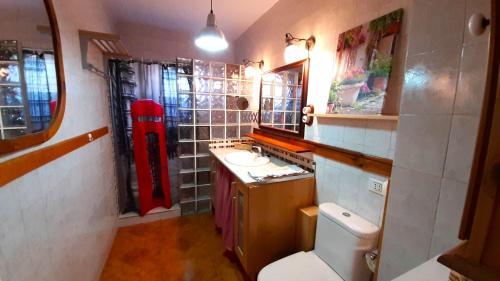 a bathroom with a toilet and a sink and a mirror at Puerto Santiago Plaza in Puerto de Santiago