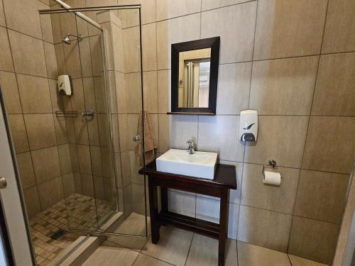 W łazience znajduje się umywalka i prysznic. w obiekcie Aloes 1st on Camp w mieście Middelburg