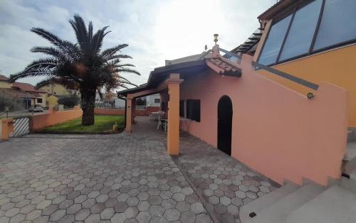 a house with a palm tree in front of it at Apartmani Delas 2 in Pješčana Uvala 