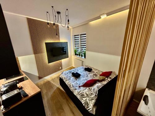 ein Schlafzimmer mit einem Bett mit roten Kissen in der Unterkunft Ocean Black jacuzzi in Krakau