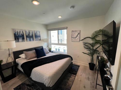 Un dormitorio con una cama y una planta. en Century City Cozy 2 Br 4 Sleeps Crib W Parking 505 en Los Ángeles