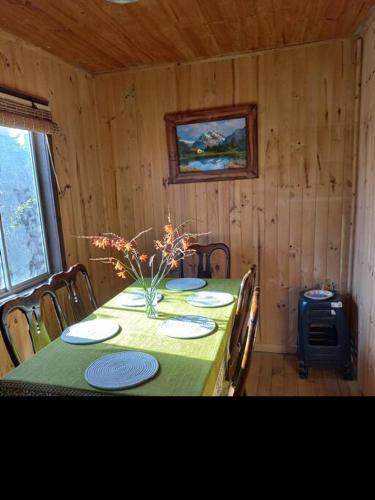 uma mesa de jantar com uma toalha de mesa verde, cadeiras e um fogão em Pichilemu, a 200mts de la playa. em Pichilemu