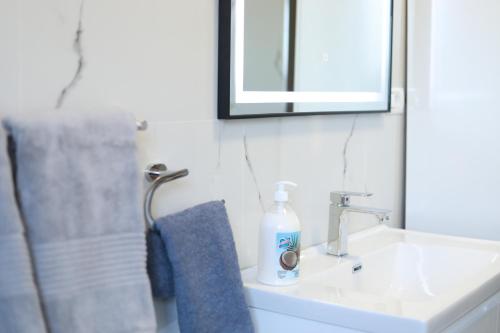 a bathroom sink with a bottle of soap on it at Central Fortuzi Apartment in Tirana