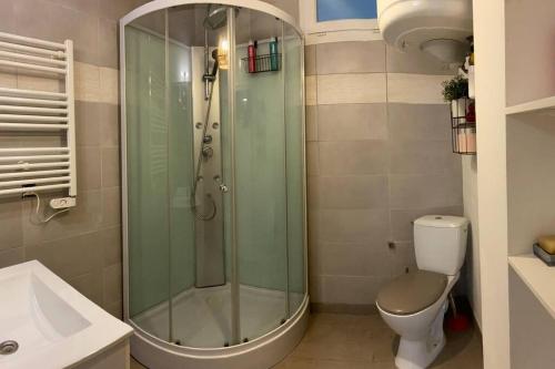 une salle de bain avec une douche en verre et des toilettes dans l'établissement Maison avec jardin, à Marseille