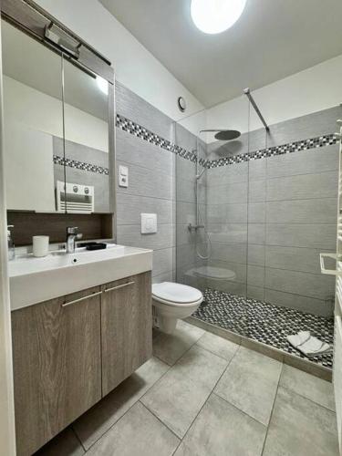 une salle de bain avec un lavabo, des toilettes et une douche dans l'établissement Méditerranée, 2 pièces très calme, clime, centre ville, à Menton