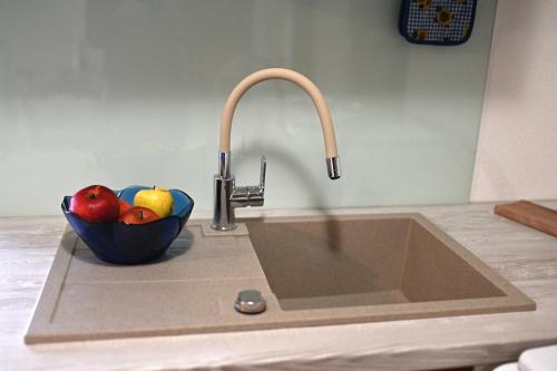 a sink with a bowl of fruit in a kitchen at Apartman studio Baladur in Roč