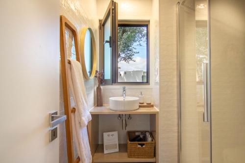 La salle de bains est pourvue d'un lavabo et d'une douche. dans l'établissement Casinhas da Póvoa- Turismo Natureza, à Castelo de Vide