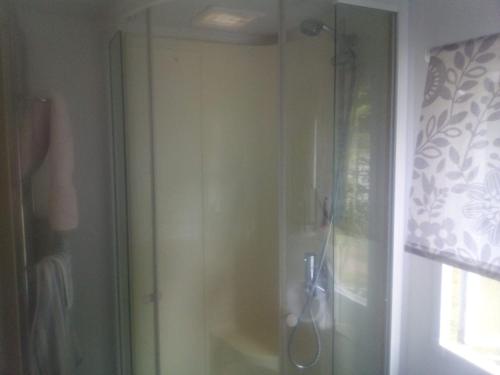 a shower with a glass door in a bathroom at 11 Oaklands in Porchfield