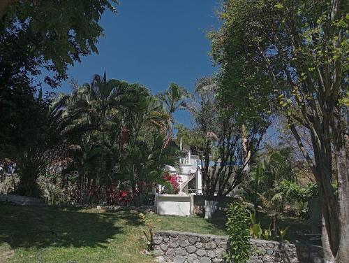 una casa con árboles y una pared de piedra en Quinta Santa Martha, en Cuernavaca