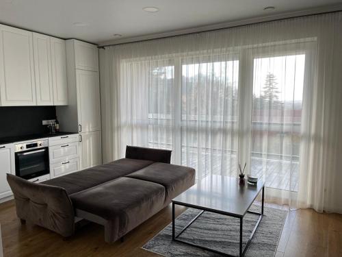 sala de estar con sofá y mesa en Slenio Apartamentai, en Kaunas