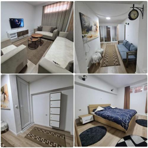 un collage de cuatro fotos de una sala de estar en Apartments Gjakove, en Gjakove