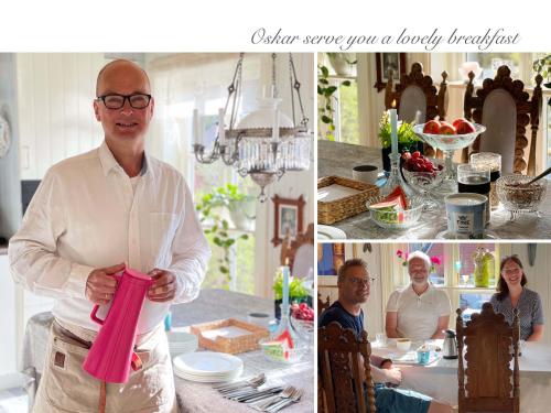 a man holding a pink napkin in a kitchen at Villa Solvorn in Solvorn