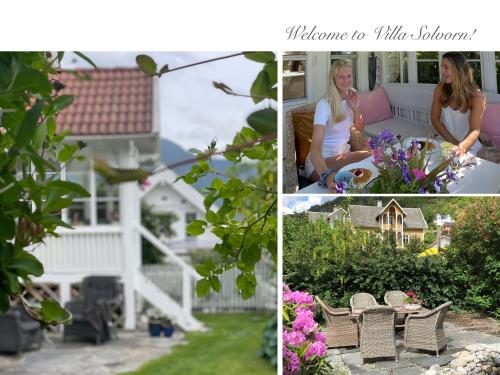 un collage de fotos de una mujer sentada en el jardín en Villa Solvorn, en Solvorn