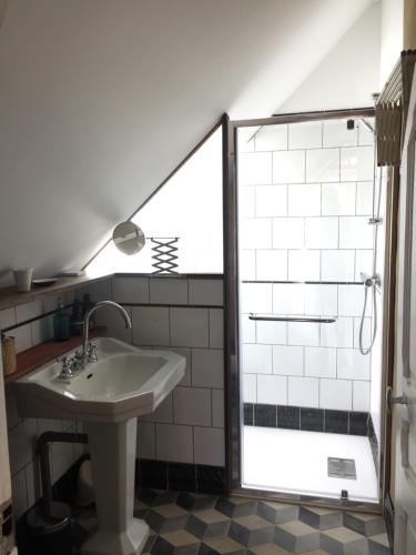 y baño con lavabo y ducha. en Gîte la Luchette - petit village médiéval de la Somme, en Lucheux