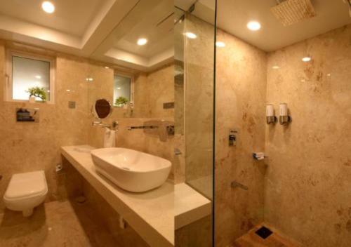 a bathroom with a sink and a toilet and a shower at Hotel Seven Inn (R S Gorup Near Delhi Airport) in New Delhi