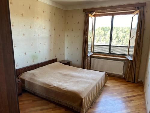 ein Schlafzimmer mit einem Bett und zwei Fenstern in der Unterkunft Zuzumbo's shine in Telawi