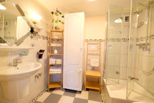 uma casa de banho com um lavatório e um chuveiro em Landjägerhaus am Südstrand - Wohnung 1 + 3 em Wyk auf Föhr