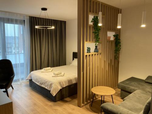 a bedroom with a bed and a couch and a table at MEB Apartments - Park Lake in Cluj-Napoca