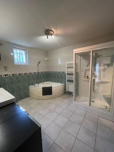 uma grande casa de banho com banheira e chuveiro em Maison de famille avec clim, piscine et parking em Nîmes