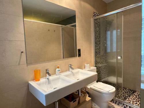 a bathroom with a sink and a toilet and a mirror at Apartamento Mirador de la Muralla in Córdoba