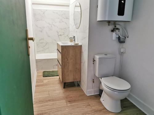 une salle de bain avec toilettes et lavabo dans l'établissement Appart'Cosy - clim - terrasse - ascenseur, à Cavaillon