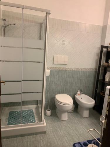 a bathroom with a shower and a toilet and a sink at Taverna relais in Marco Simone