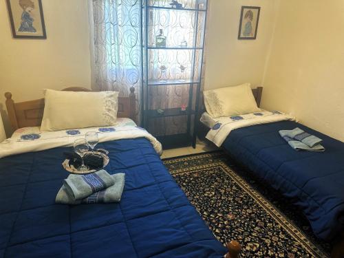 a room with two beds with blue sheets and a window at Gellis Village house Meteora in Kalabaka