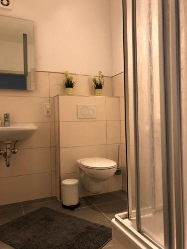 een badkamer met een toilet en een wastafel met potplanten bij Ferienwohnung1 Daun in Daun